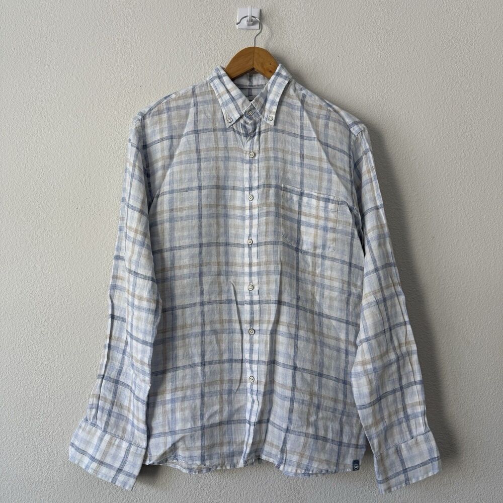 Peter Millar Linen Shirt Men’s M Blue Tan Plaid Button-Down Long Sleeve